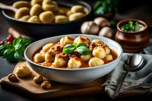 dumplings com carne e molho dentro uma tigela. gerado por IA foto