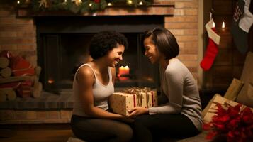ai generativo casais do diferente etnia, gênero e orientação, trocando Natal presentes dentro caloroso decorado casa foto