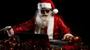 ai generativo legal santa com oculos de sol às a dj conjunto mistura console, fazer uma festa foto