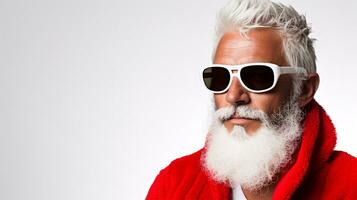 ai generativo fechar acima retrato do legal hipster santa com tons, oculos de sol foto