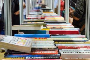 Novo Délhi, Índia, setembro 09 2023 - variedade do livros em estante dentro uma barraca de livros às Délhi internacional livro justo, seleção do livros em exibição dentro anual livro justo. foto