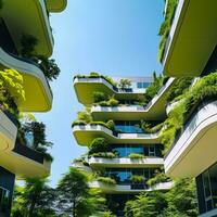 verde arquitetura. sustentável vidro escritório construção com solar painéis e vertical jardim. moderno contemporâneo escritório construção com verde ambiente. ecológico corporativo prédio. generativo ai. foto