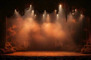 teatro etapa luz fundo com Holofote iluminado a etapa para ópera desempenho. esvaziar etapa com caloroso ambiente cores, névoa, fumaça, pano de fundo decoração. entretenimento mostrar. generativo ai. foto