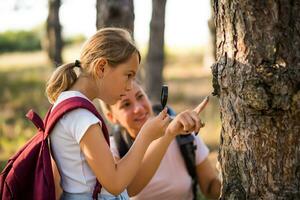 pequeno menina explorar com ampliação vidro natureza enquanto caminhada com dela mãe foto