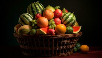ai gerado fresco frutas e vegetais, uma colorida cesta do saudável abundância gerado de ai foto