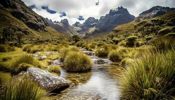 ai gerado majestoso montanha faixa, tranquilo Prado, fluindo água gerado de ai foto