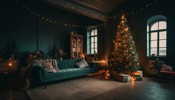 ai gerado família a comemorar Natal com decorado árvore e luz de velas gerado de ai foto