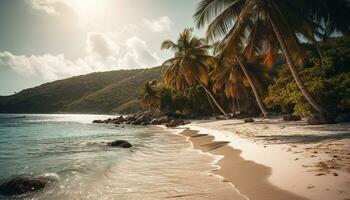 ai gerado pôr do sol sobre a tranquilo litoral, uma pitoresco tropical verão panorama gerado de ai foto