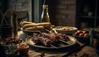 ai gerado uma gourmet mexicano refeição com grelhado carne, fresco vegetais, e molho gerado de ai foto