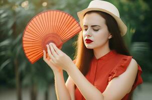 mulher mão ventilador sofrimento calor desequilíbrio. gerar ai foto