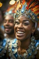 pessoas desfrutando rua carnaval festival, amigos rindo ao ar livre dentro figurinos. Nada Colina carnaval artista. ai gerado foto