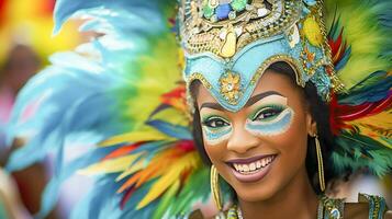 pessoas desfrutando rua carnaval festival, amigos rindo ao ar livre dentro figurinos. Nada Colina carnaval artista. ai gerado foto