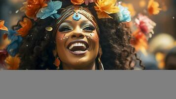 pessoas desfrutando rua carnaval festival, amigos rindo ao ar livre dentro figurinos. Nada Colina carnaval artista. ai gerado foto