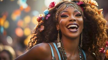 pessoas desfrutando rua carnaval festival, amigos rindo ao ar livre dentro figurinos. Nada Colina carnaval artista. ai gerado foto