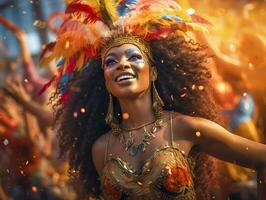 pessoas desfrutando rua carnaval festival, amigos rindo ao ar livre dentro figurinos. Nada Colina carnaval artista. ai gerado foto