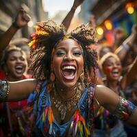 pessoas desfrutando rua carnaval festival, amigos rindo ao ar livre dentro figurinos. Nada Colina carnaval artista. ai gerado foto