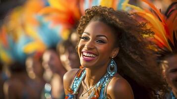 pessoas desfrutando rua carnaval festival, amigos rindo ao ar livre dentro figurinos. Nada Colina carnaval artista. ai gerado foto