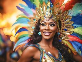 pessoas desfrutando rua carnaval festival, amigos rindo ao ar livre dentro figurinos. Nada Colina carnaval artista. ai gerado foto