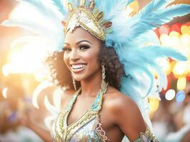 pessoas desfrutando rua carnaval festival, amigos rindo ao ar livre dentro figurinos. Nada Colina carnaval artista. ai gerado foto