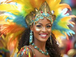 pessoas desfrutando rua carnaval festival, amigos rindo ao ar livre dentro figurinos. Nada Colina carnaval artista. ai gerado foto