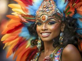 pessoas desfrutando rua carnaval festival, amigos rindo ao ar livre dentro figurinos. Nada Colina carnaval artista. ai gerado foto