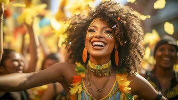 pessoas desfrutando rua carnaval festival, amigos rindo ao ar livre dentro figurinos. Nada Colina carnaval artista. ai gerado foto