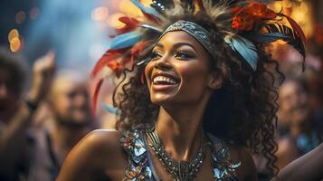 pessoas desfrutando rua carnaval festival, amigos rindo ao ar livre dentro figurinos. Nada Colina carnaval artista. ai gerado foto