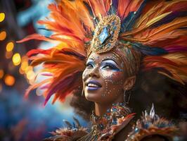 pessoas desfrutando rua carnaval festival, amigos rindo ao ar livre dentro figurinos. Nada Colina carnaval artista. ai gerado foto