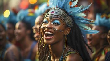 pessoas desfrutando rua carnaval festival, amigos rindo ao ar livre dentro figurinos. Nada Colina carnaval artista. ai gerado foto