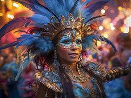 pessoas desfrutando rua carnaval festival, amigos rindo ao ar livre dentro figurinos. Nada Colina carnaval artista. ai gerado foto