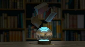 a Magia bola em madeira mesa dentro biblioteca 3d Renderização. foto