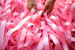 Rosa Outubro - pessoas vestindo Rosa fitas dentro solidariedade com a causa do cedo detecção do seio Câncer. prevenção é nosso escudo contra seio Câncer. ai generativo foto