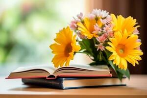 professores dia - livro e flores delicadamente arranjado em a mesa, a comemorar a dedicação e afeição do educadores. uma especial tributo para Essa quem forma mentes e corações foto