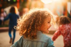 crianças dia - menina corrida ao ar livre muito feliz. Rapazes e meninas jogando junto, radiante sorrisos brilho a dia. uma criança sorrir é a maior riqueza dentro a mundo. ai generativo foto