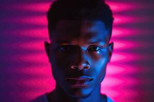 retrato do jovem africano americano homem dentro néon claro. ai gerado foto