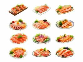 ai gerado sashimi coleção isolado em branco fundo foto