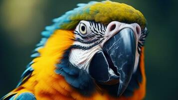 fechar acima retrato do colorida azul e amarelo arara papagaio ara ararauna. generativo ai foto