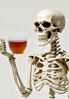 ai gerado uma esqueleto segurando uma copo do chá isolado em uma branco fundo. ai gerado foto
