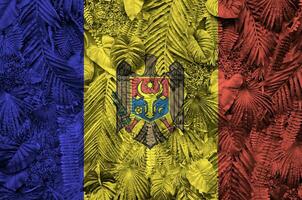 Moldova bandeira retratado em muitos folhas do monstera Palma árvores na moda elegante pano de fundo foto