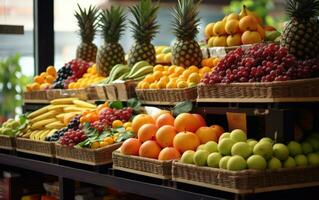 maçãs, limões, laranjas, romãs, abacaxis, pêssegos e morango. vários frutas dentro uma rua mercado. generativo ai foto