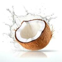 coco metades e água respingo em branco fundo delicioso tropical cocos e espirrando água em branco fundo generativo ai foto