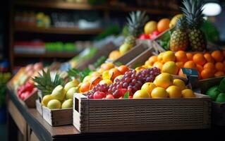 maçãs, limões, laranjas, romãs, abacaxis, pêssegos e morango. vários frutas dentro uma rua mercado. generativo ai foto