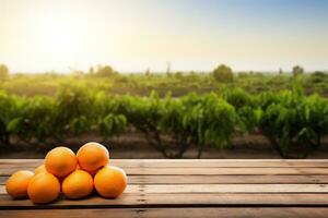 de madeira mesa topo andar laranja árvores coberto com laranja frutas. borrado ensolarado Pomar jardim às a fundo. generativo ai foto