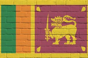 sri lanka bandeira retratado dentro pintura cores em velho tijolo muro. texturizado bandeira em grande tijolo parede alvenaria fundo foto