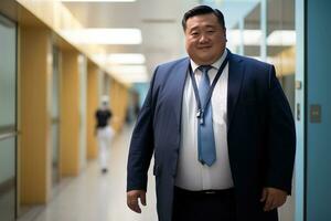 amigáveis chinês homem dentro dele anos quarenta dentro uma azul terno em pé dentro uma moderno hospital corredor. generativo ai foto