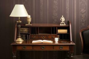 a Antiguidade secretário escrivaninha este complementa uma vintage casa escritório com rico, profundo Castanho tons. ai gerado foto