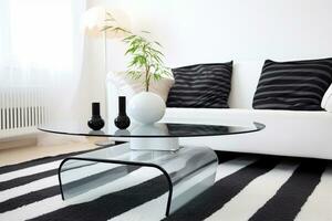 uma vidro café mesa complementa uma minimalista vivo quarto dentro uma Preto e branco cor paleta. ai gerado foto