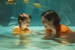 ai gerado mãe e filho natação juntos dentro a natação piscina com amarelo peixe, criança jogando dentro a piscina juntos com mãe, ai gerado foto