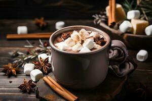 caseiro picante quente chocolate com canela e marshmallow. ai generativo foto