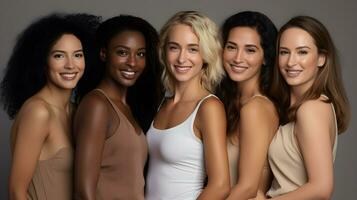 diverso grupo do mulheres em pé junto, multicultural fêmea beleza, diversidade conceito. ai generativo foto